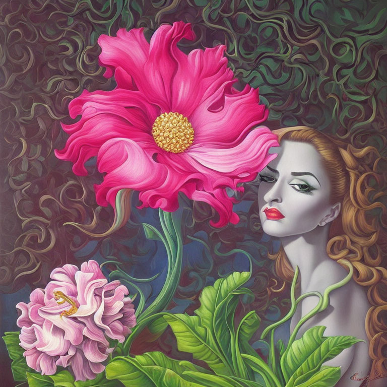 Surreal painting: Woman with pink flower head on green background