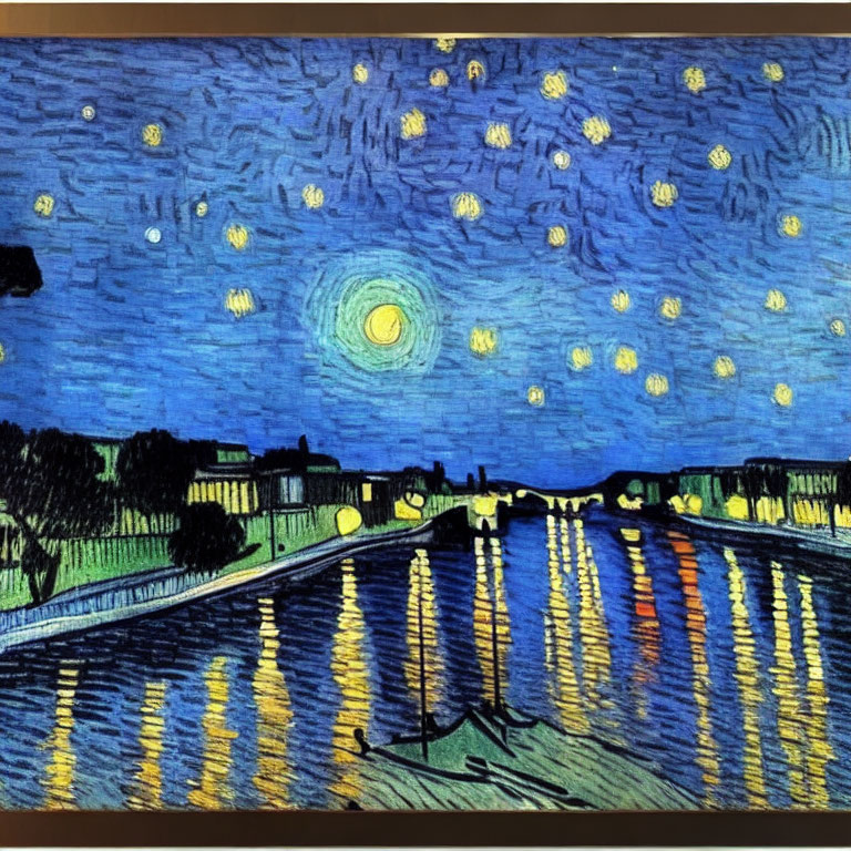 Starry Night Sky Painting Over Small Town and River