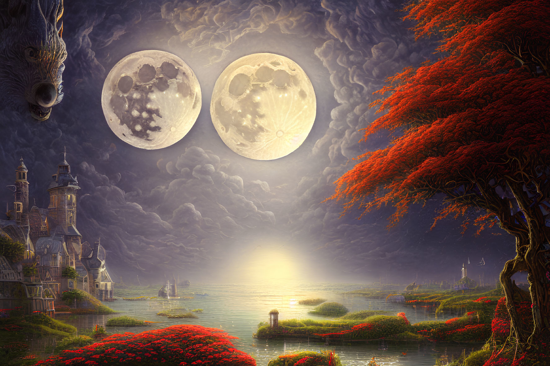 Fantasy landscape with castle, two moons, bear-like creature, red foliage, and sunlit water