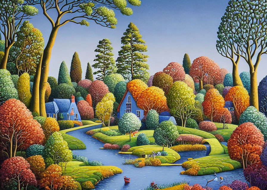 Vibrant landscape painting with house, trees, river, ducks, and blue sky