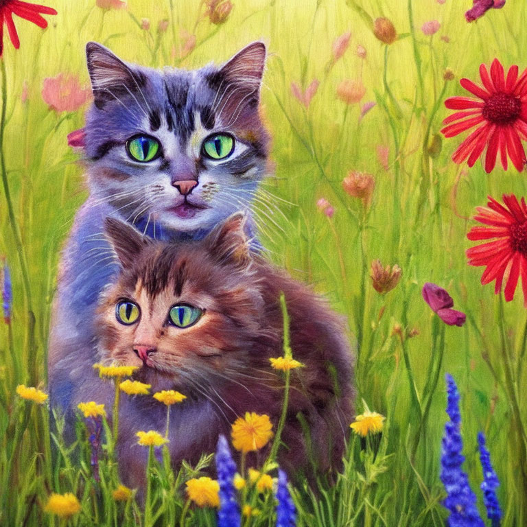 Two Cats with Striking Green Eyes Amid Colorful Wildflowers