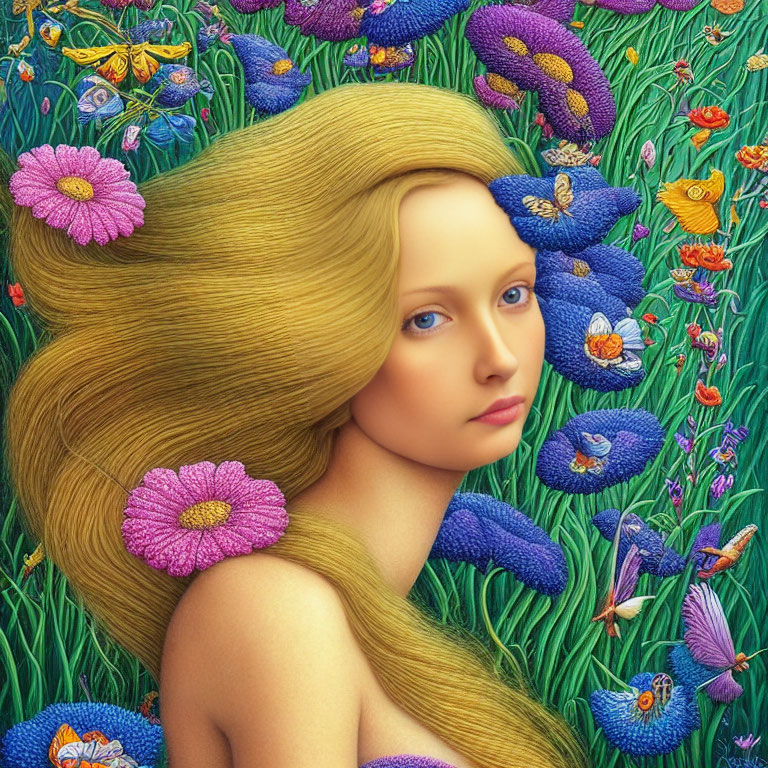 Woman with Golden Hair in Vibrant Flower Field: Surreal Painting
