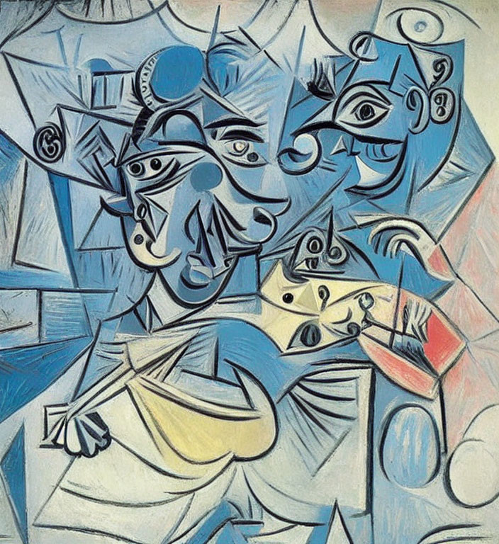 Cubist abstract painting with fragmented faces and shapes in blues and whites
