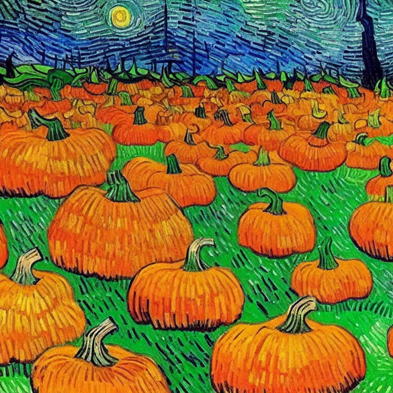 Colorful Pumpkin Patch Painting with Starry Night Sky
