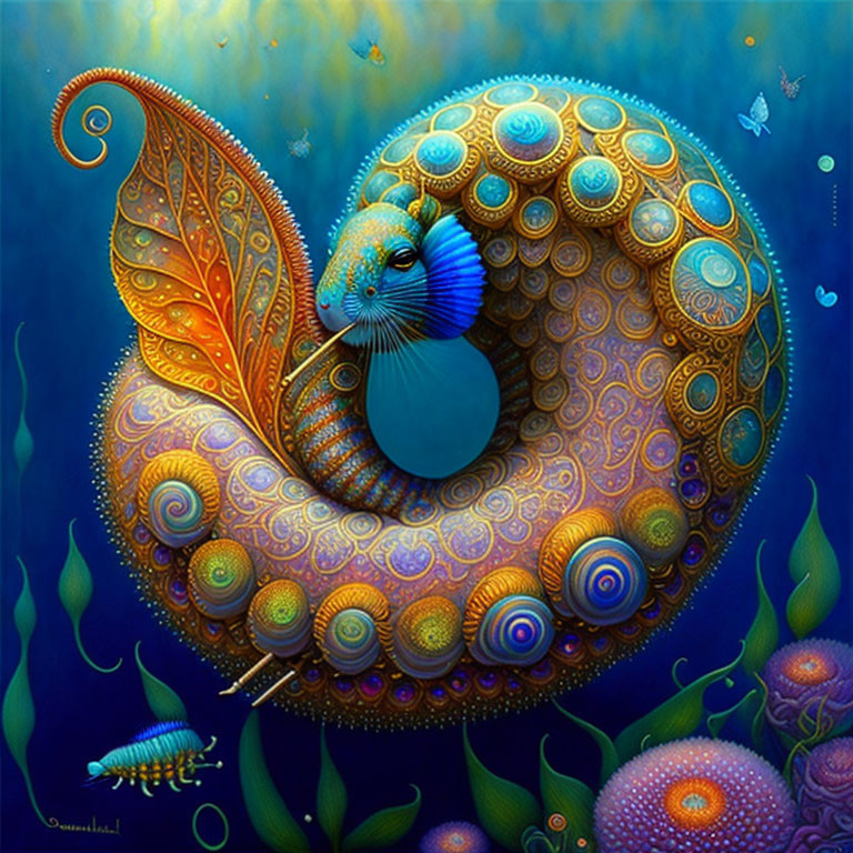Colorful digital artwork of a coiled sea creature with leaf-like fin in deep blue ocean.