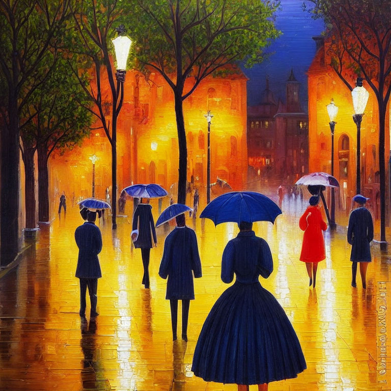 Rainy Street Scene: People with Umbrellas on Lamp-Lit, Twilight Street