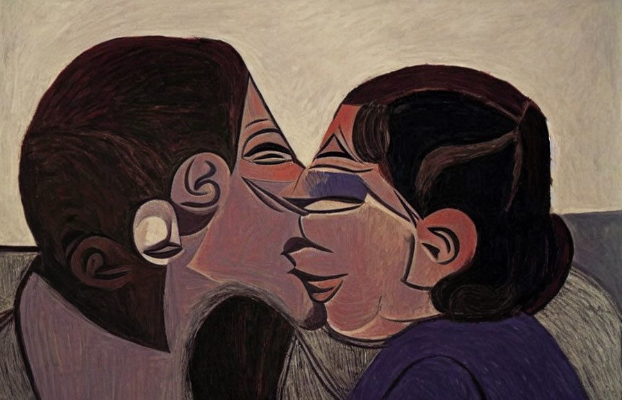 Abstract painting: Two figures with interlocking faces in intimate embrace