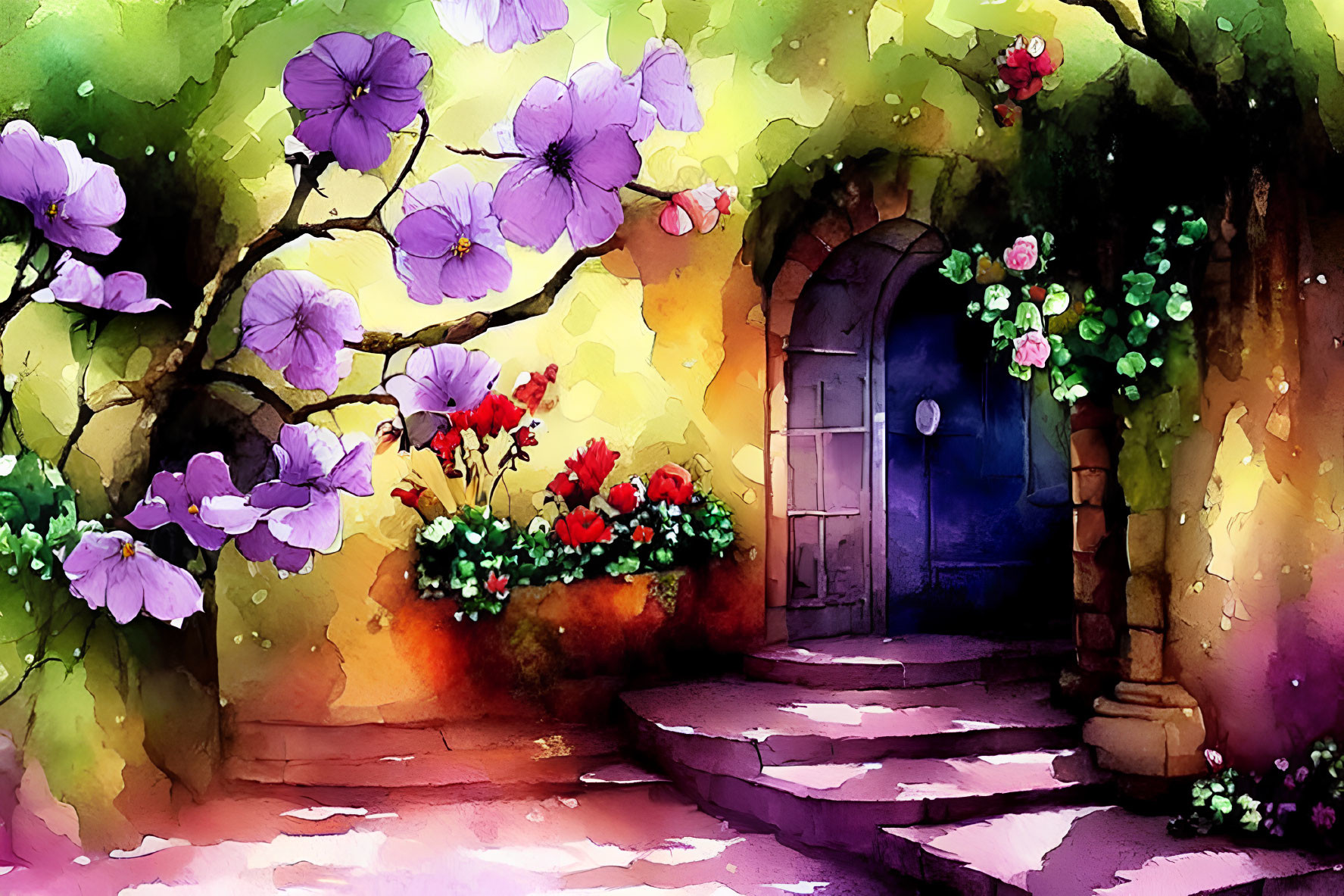 Colorful Watercolor Painting of Archway with Blue Door and Flowers