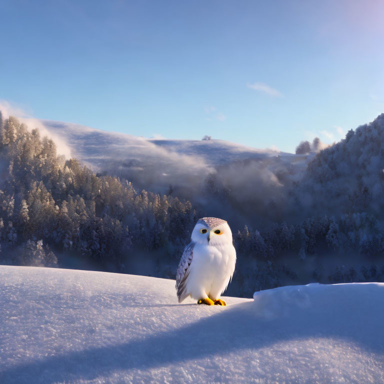 Snowy Owl on Snow-Covered Ground with Winter Landscape at Sunrise or Sunset