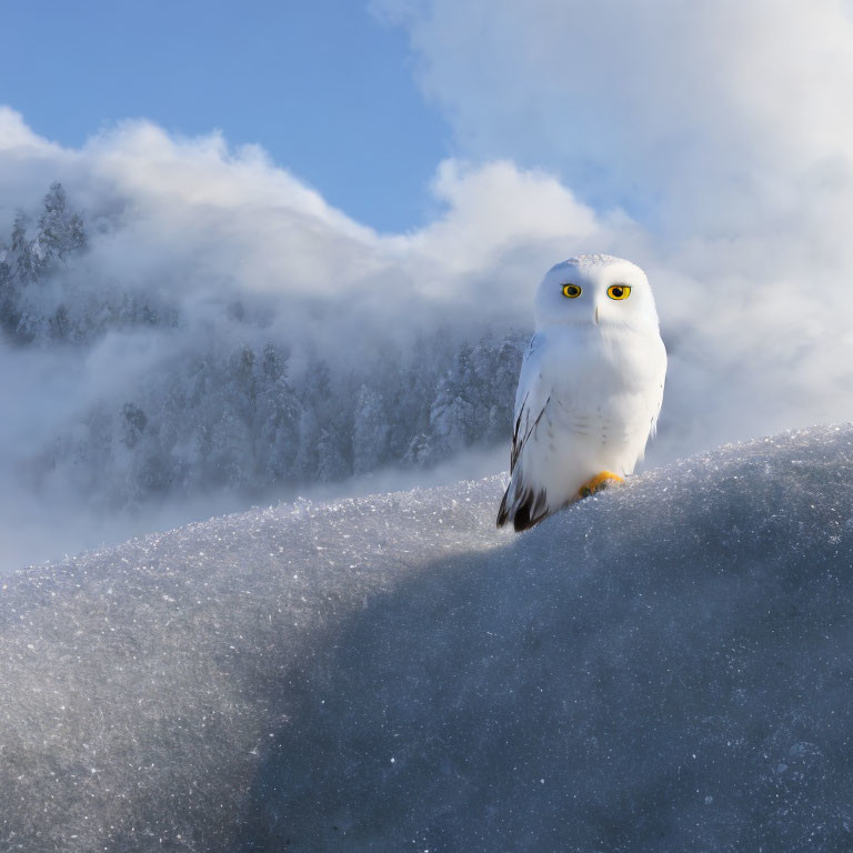Snowy Owl Perched on Snowy Mound in Misty Winter Forest