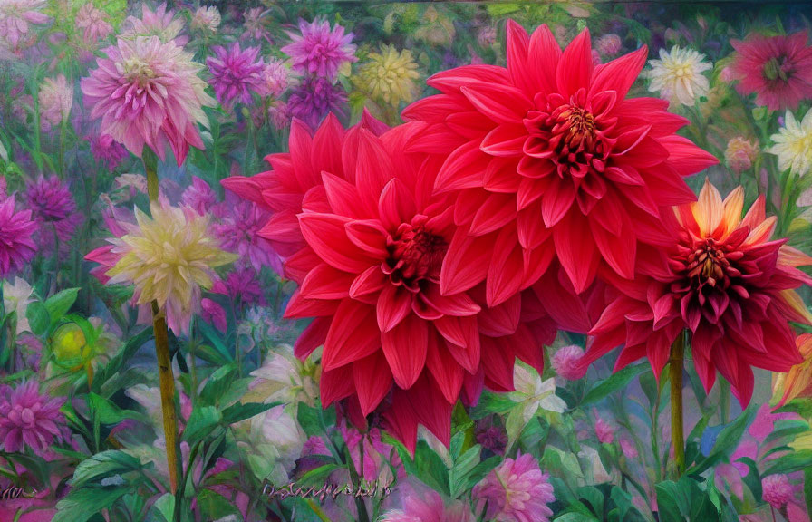 Colorful Red Dahlias Among Multicolored Flowers and Greenery