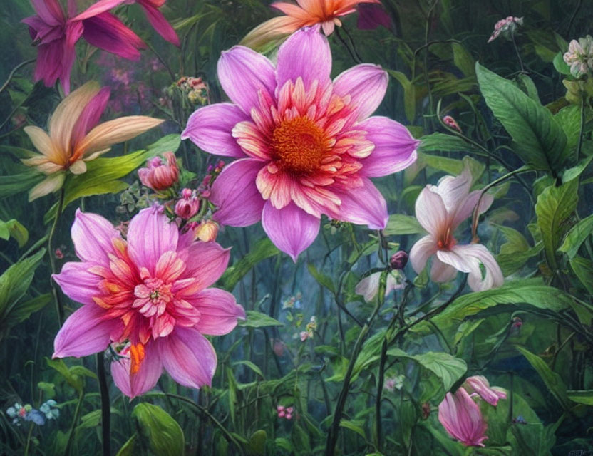 Colorful painting of pink and purple dahlias in a lush, ethereal setting