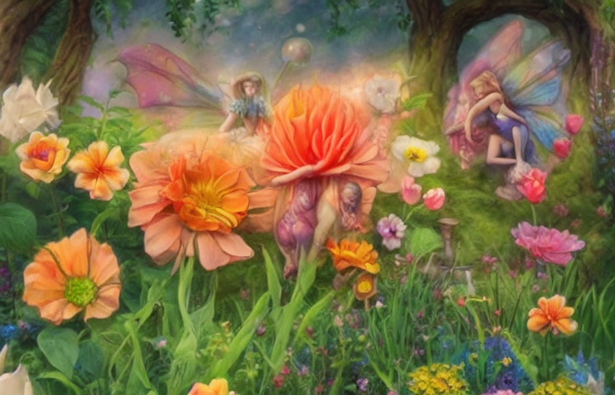 Colorful garden scene with oversized flowers and fairies by a tree