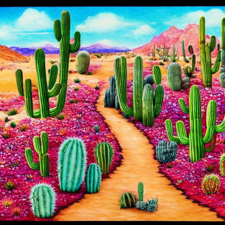 Vibrant desert landscape with cacti, pink flowers, winding path, and rocky mountains