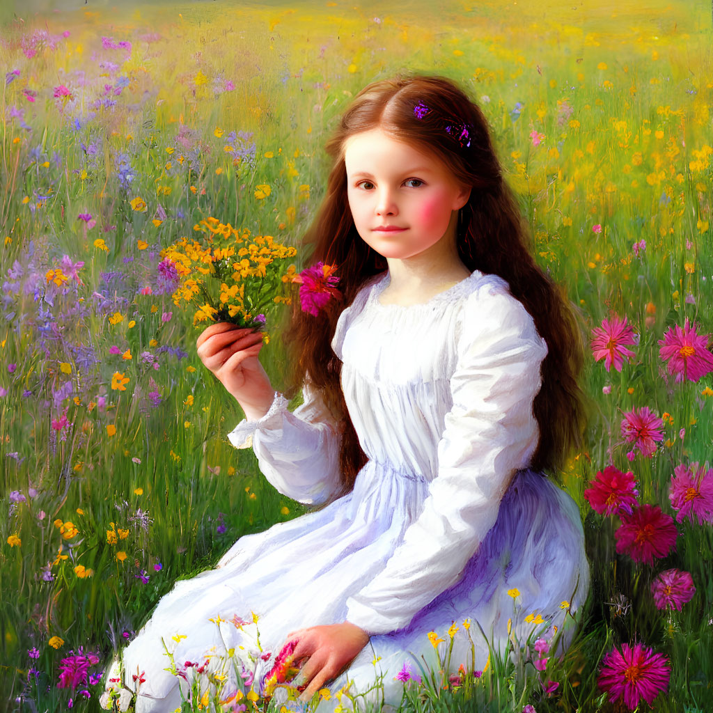 Young girl in white dress surrounded by vibrant flowers holding yellow blossoms