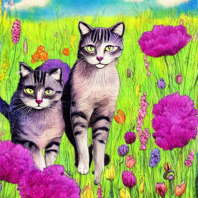 Illustrated Cats with Green Eyes in Colorful Flower Field