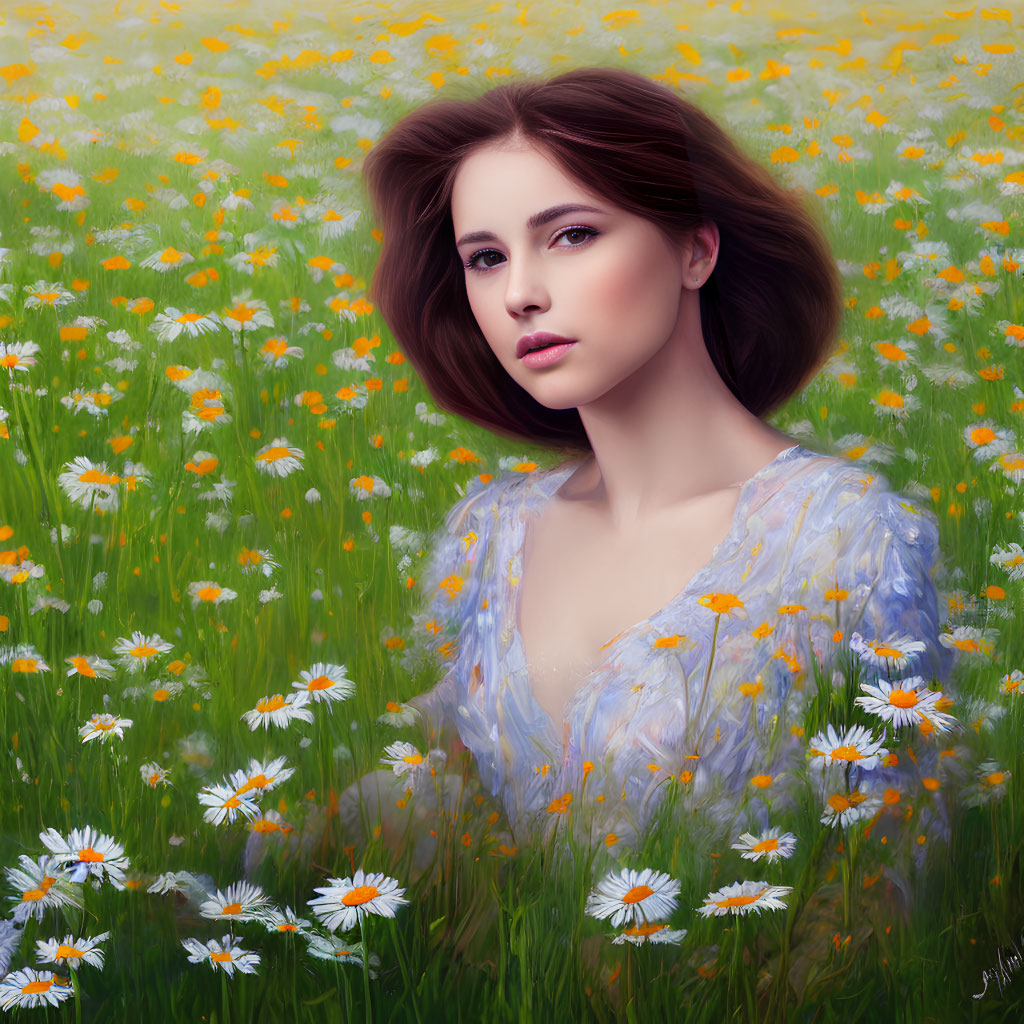 Young woman with brown hair in field of daisies wearing blue top