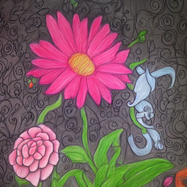 Vibrant drawing of pink flower with yellow center and whimsical patterns