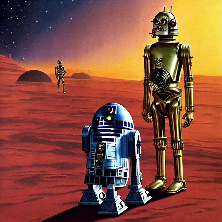 Short blue and tall gold droids on rocky alien planet