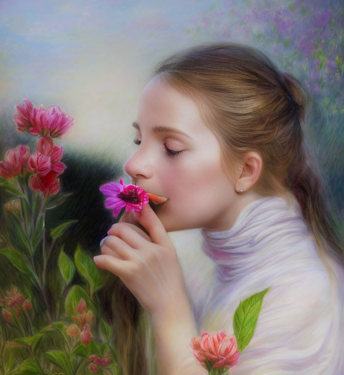 Tranquil painting of a woman smelling pink flower in lush greenery
