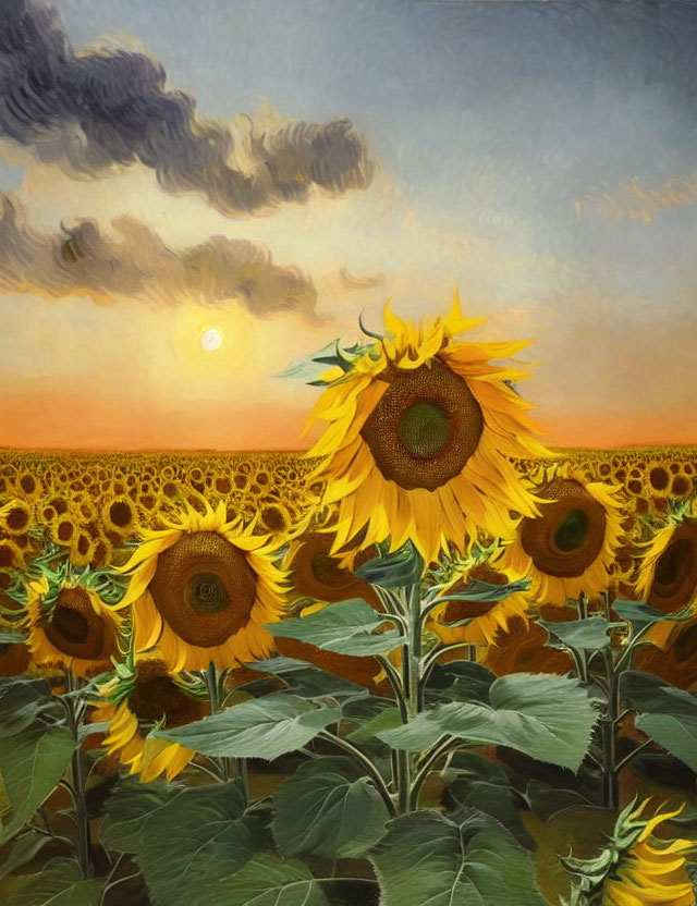 Surreal painting of sunflowers with human eye centers under cloudy sky