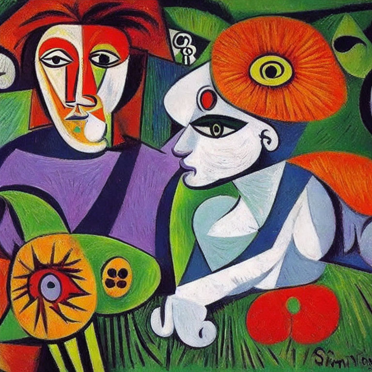 Vibrant abstract painting of two stylized figures with geometric shapes and prominent eyes