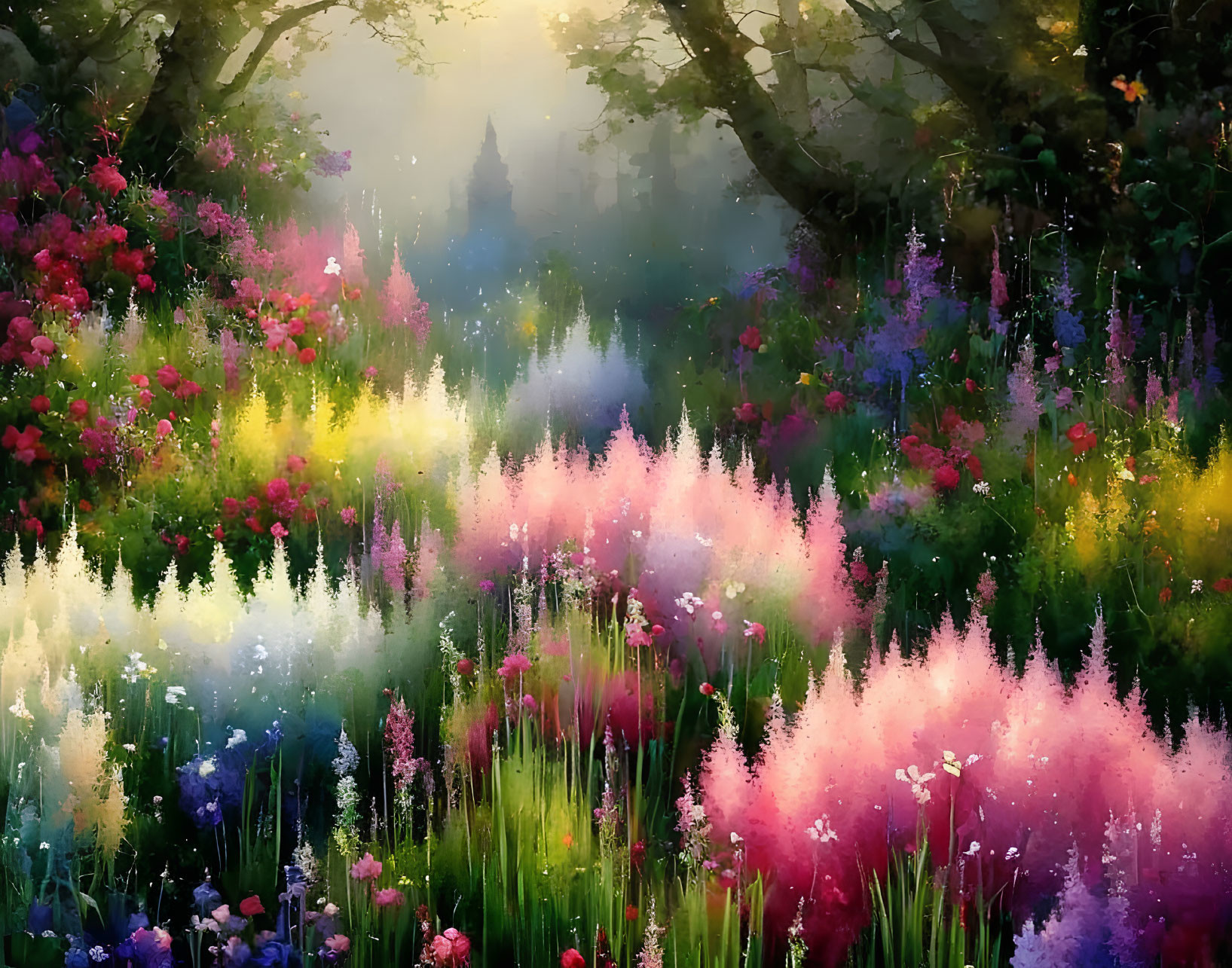 Vibrant impressionistic painting of a colorful flower garden