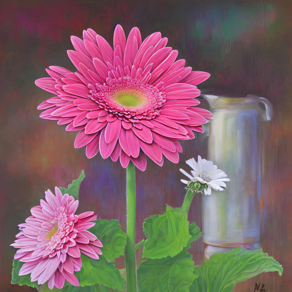 Pink gerbera daisy with intricate petals, small blossom, and glass jug on colorful backdrop