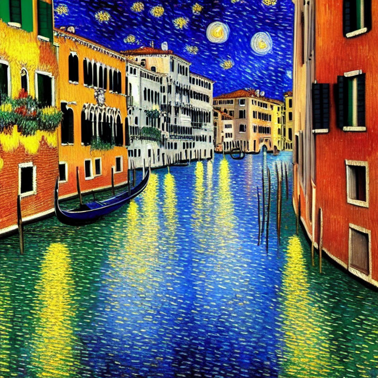 Colorful Venetian Canal Painting with Gondola and Starry Night Sky