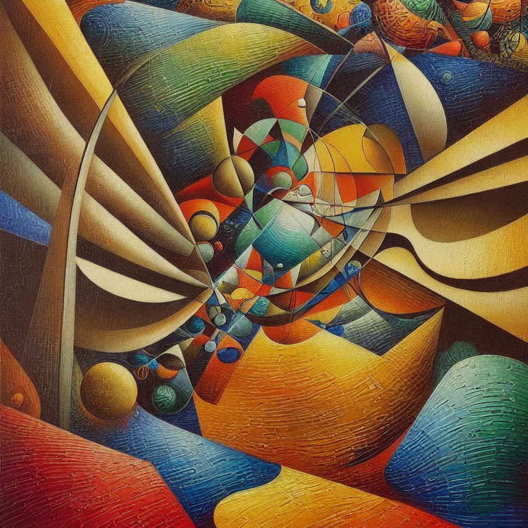 Colorful Abstract Painting with Curves, Spheres, and Stripes