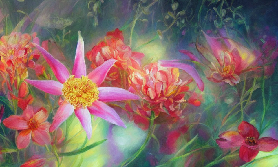 Vibrant floral painting with pink star flower and red-orange blossoms
