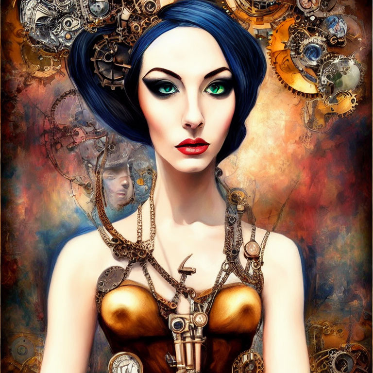 Steampunk-inspired artwork with woman, blue hair, green eyes, gears.