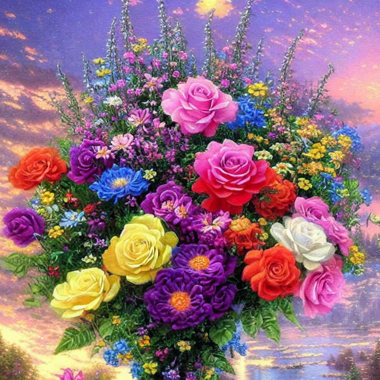 Colorful bouquet of roses and purple flowers on sunset sky background