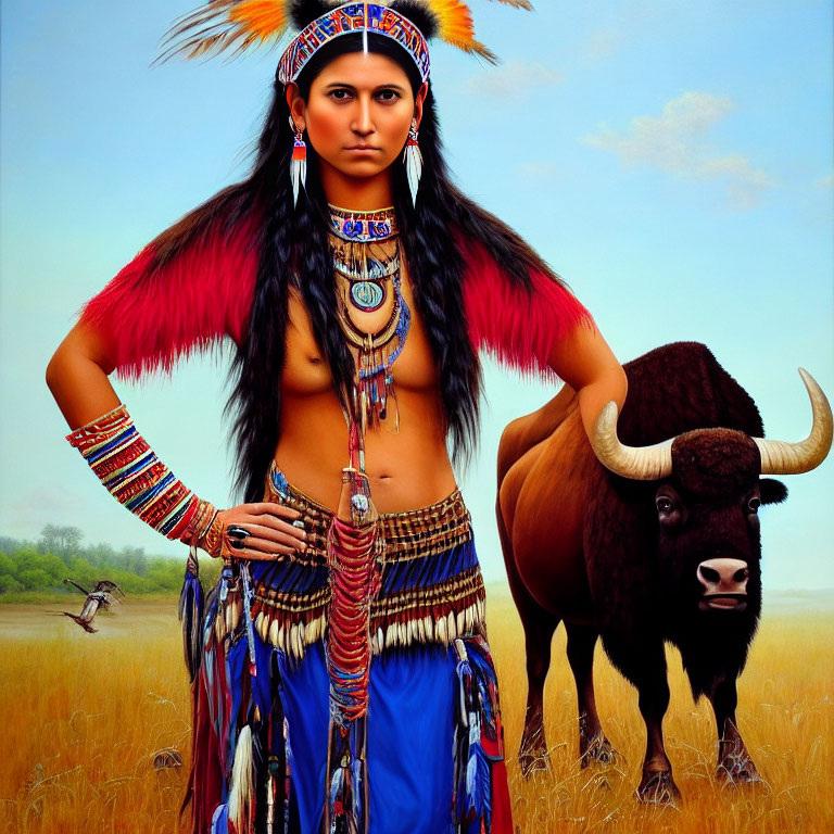 Native American woman with bison in field under clear sky
