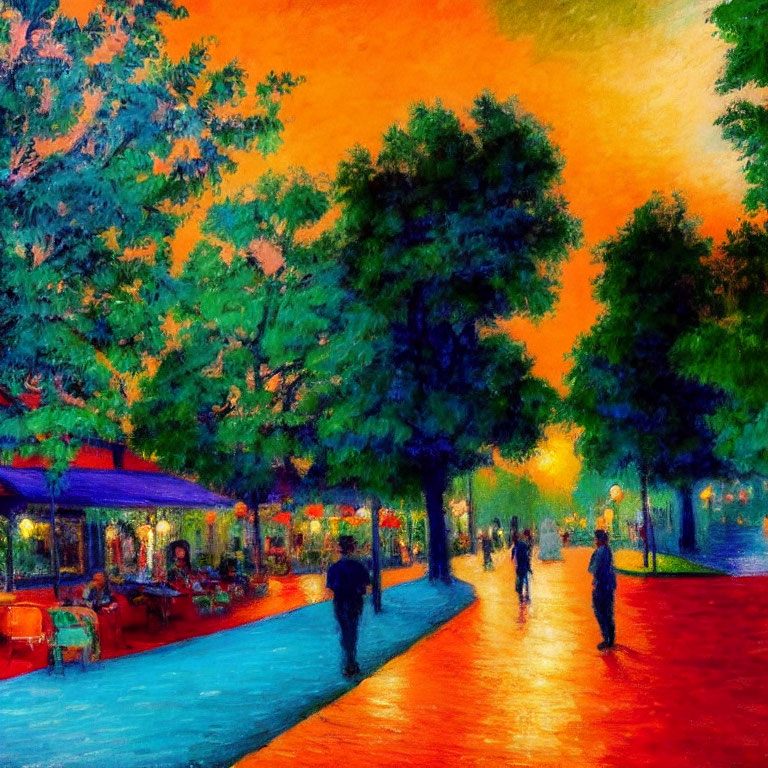 Impressionist-style painting: Bustling street scene at dusk