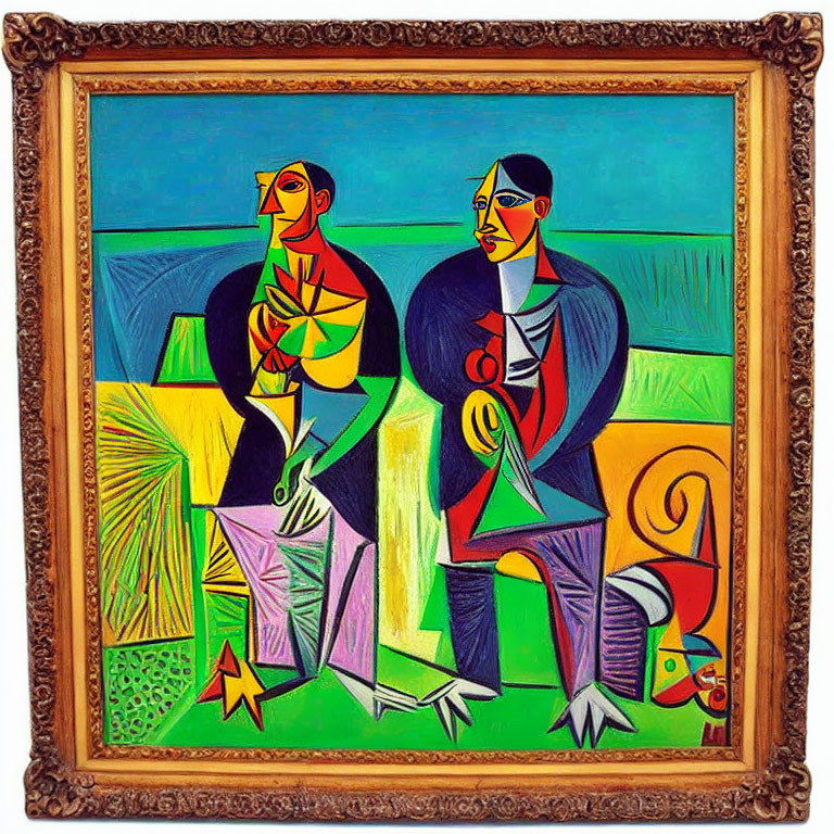 Abstract painting with stylized figures and geometric shapes in ornate frame