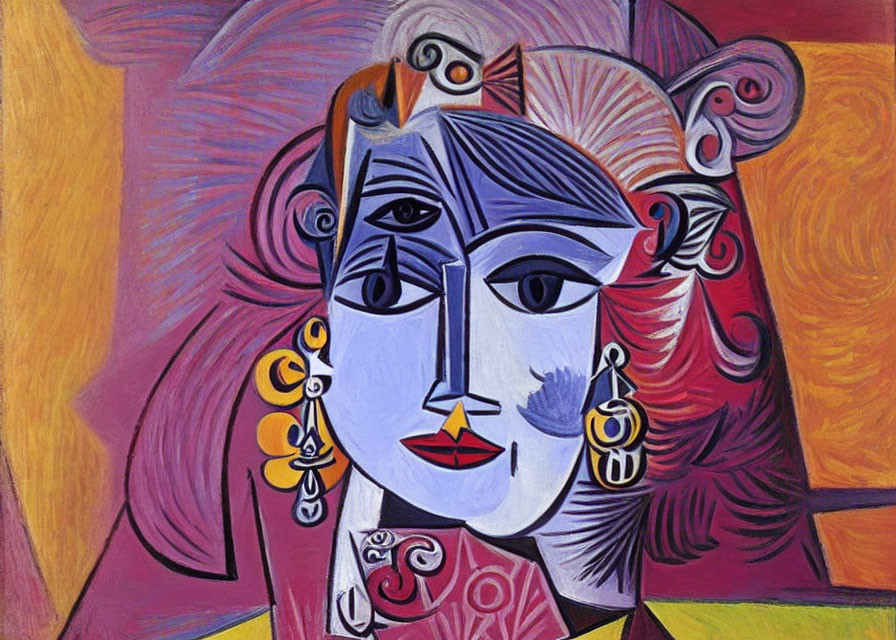 Vibrant cubist portrait of a woman with abstract features and decorative earrings on swirling pink and yellow