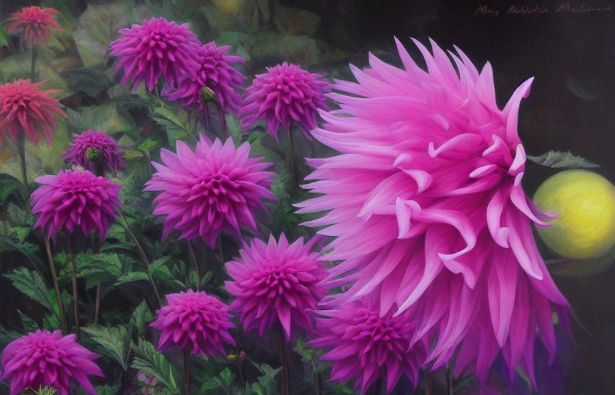 Detailed pink dahlias painting with green foliage and glowing orb
