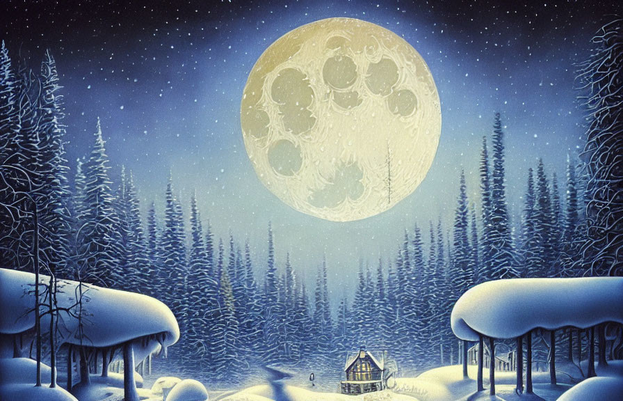 Detailed Snowy Night Landscape with Moon, Cabin, and Snowflakes