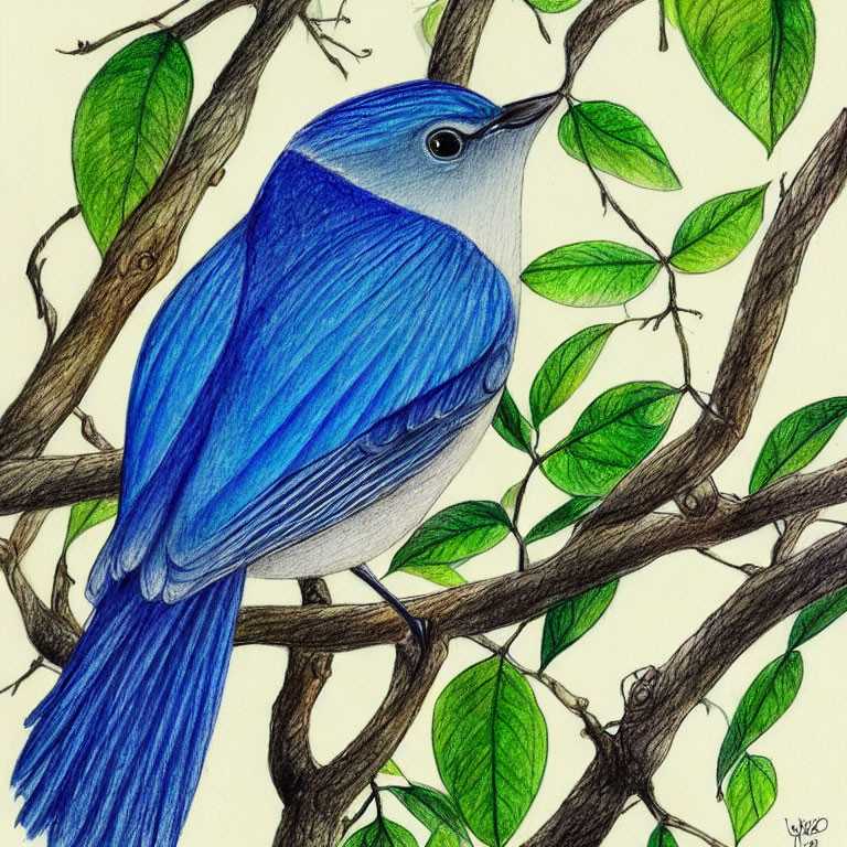 Detailed Colored Pencil Drawing of Blue Bird on Branch