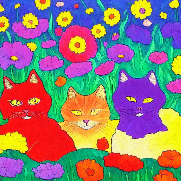 Colorful Stylized Cats Surrounded by Vibrant Flowers