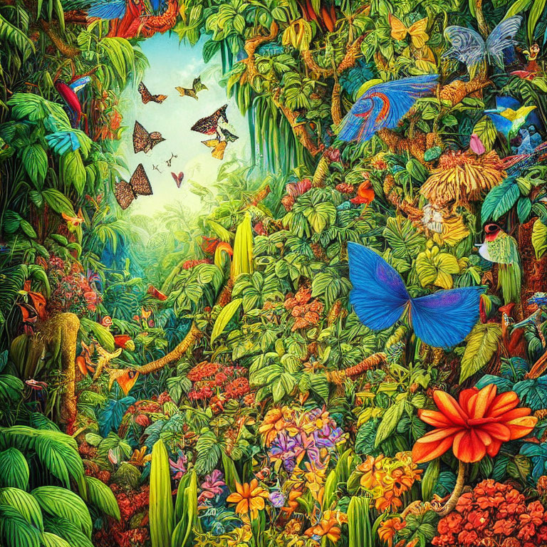 Lush Jungle Scene with Green Foliage, Flowers, and Butterflies