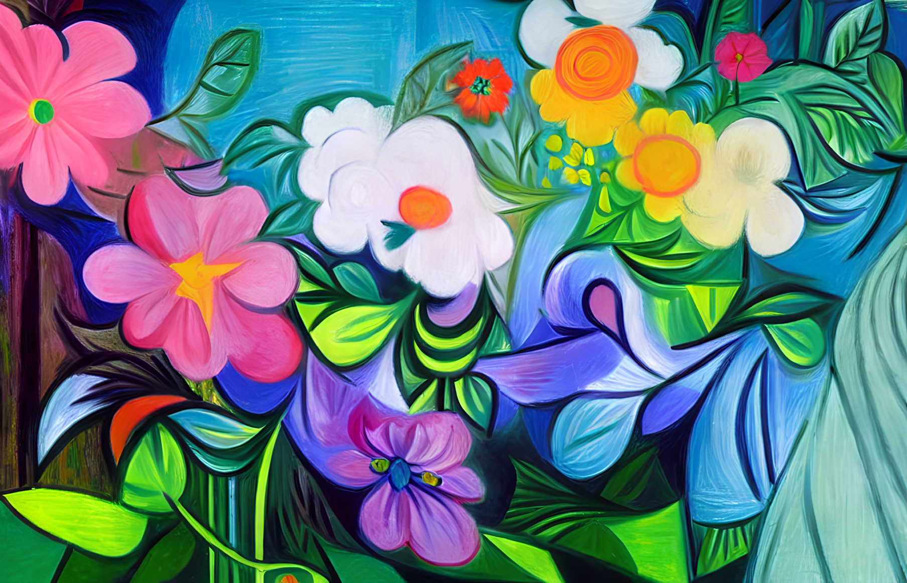 Vibrant Flower Painting in Pink, White, Red, Yellow, Green, and Blue