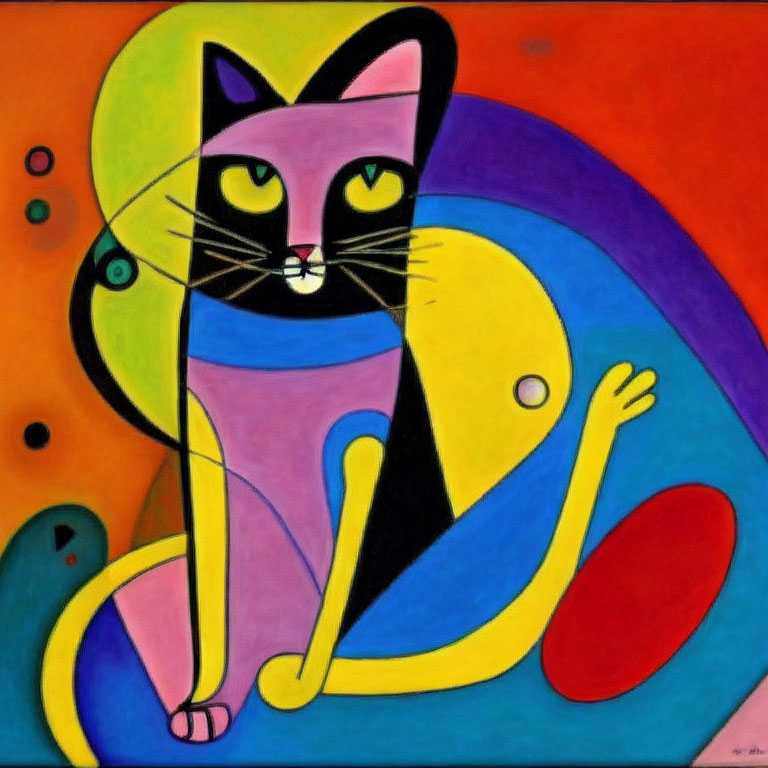 Vibrant abstract cat painting with geometric shapes and bold colors