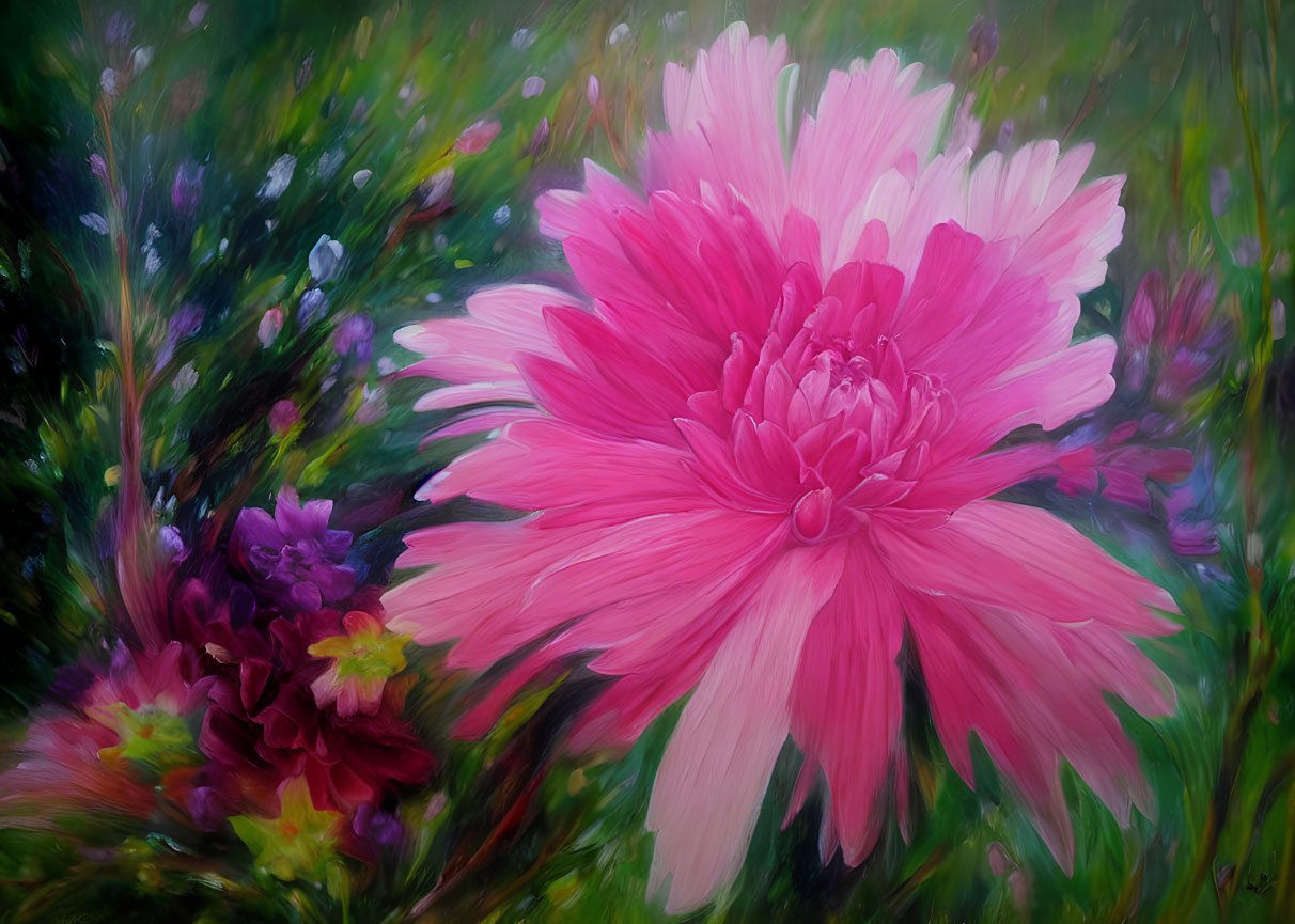 Large Pink Flower Painting Surrounded by Lush Greenery
