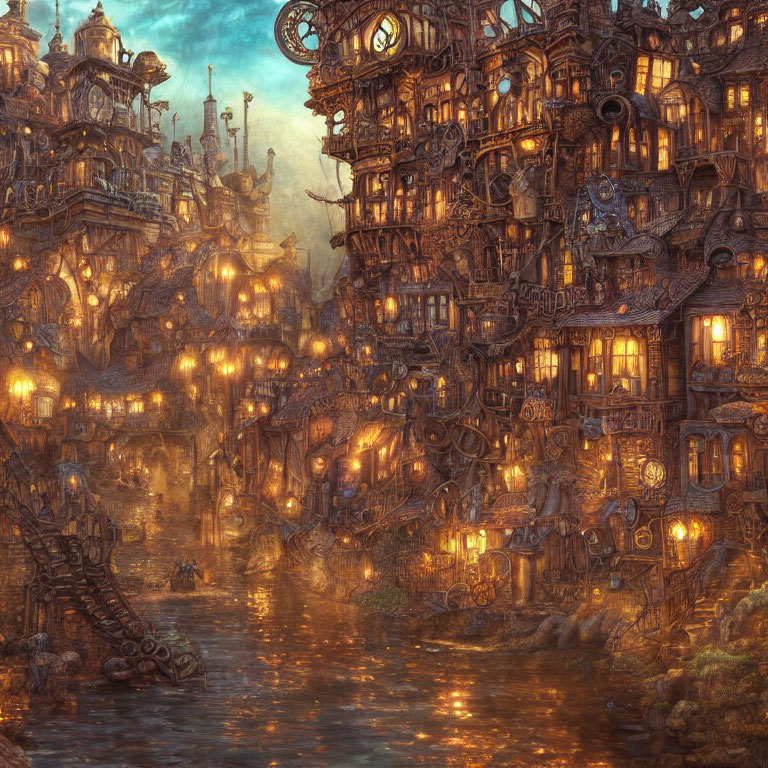 Detailed steampunk cityscape with metal structures, gears, and canal at dusk