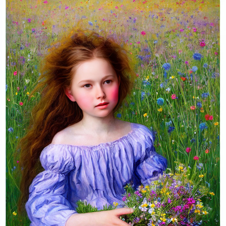Young girl with red hair in blue dress holding wildflowers in lush meadow