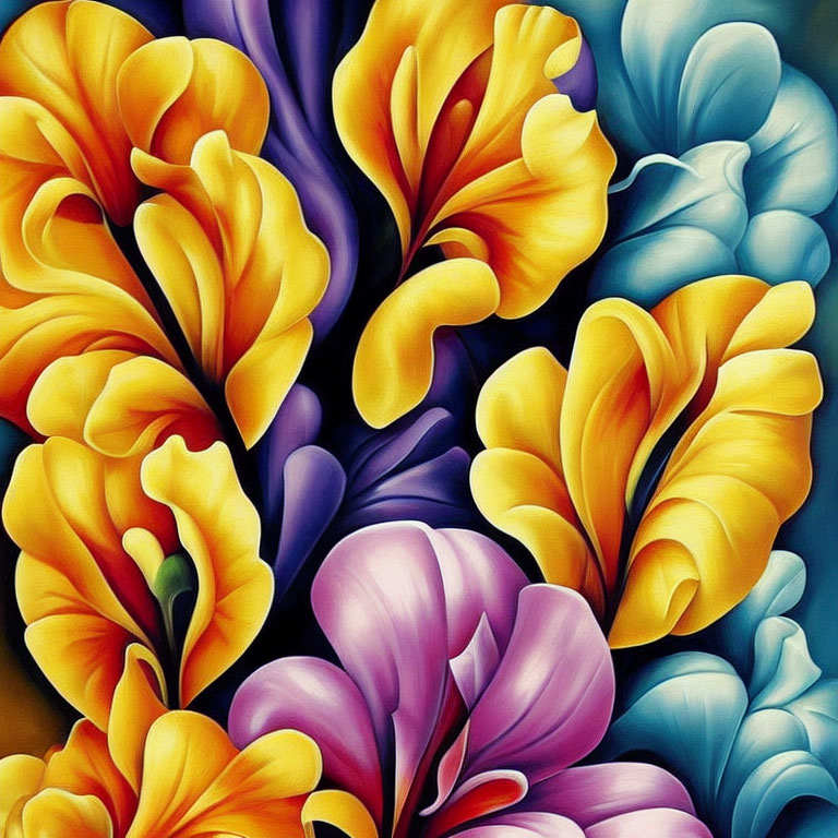 Colorful Floral Painting with Swirling Yellow and Purple Flowers