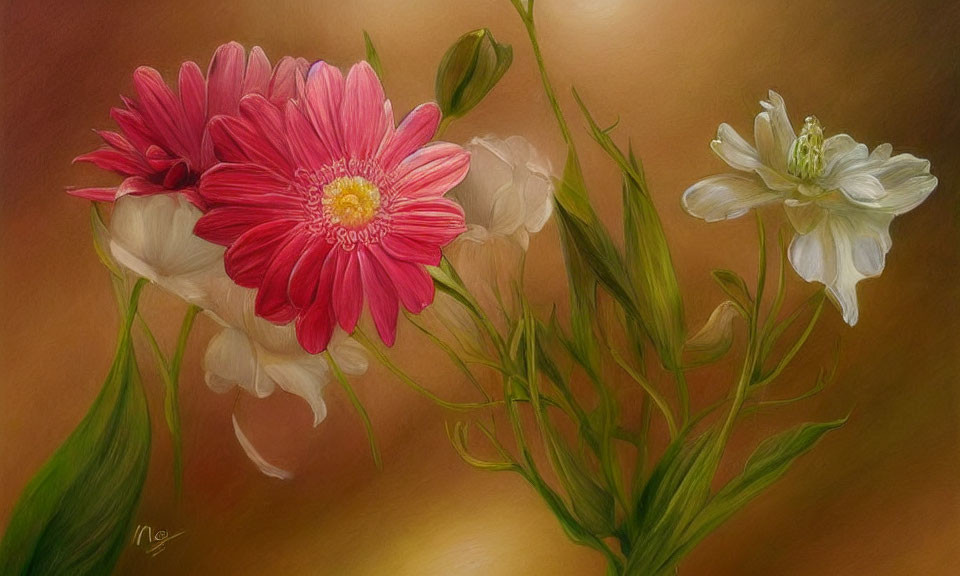 Colorful digital artwork featuring pink gerbera, white peony, and buds on textured background