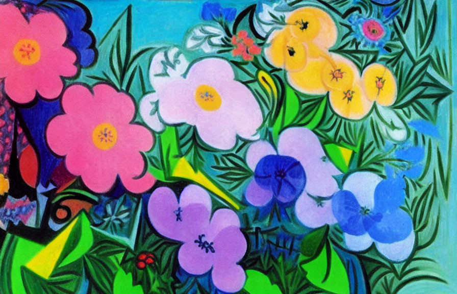 Colorful Stylized Flower Painting on Blue Background